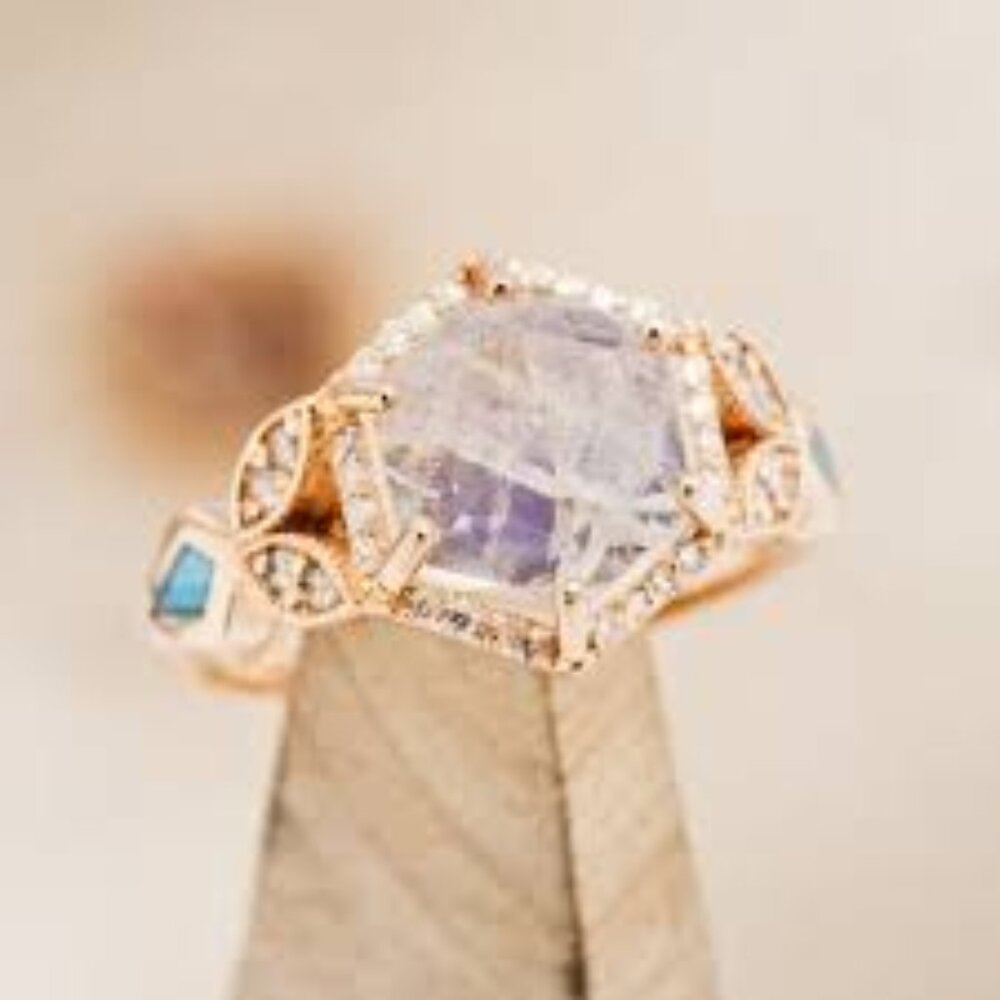HEXAGON MOONSTONE ENGAGEMENT RING WITH DIAMOND HALO